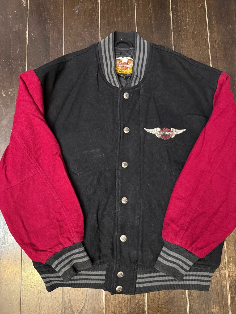 Vintage Y2K Harley Davidson Wool Varsity Jacket Mens S Black Red Motorcycle